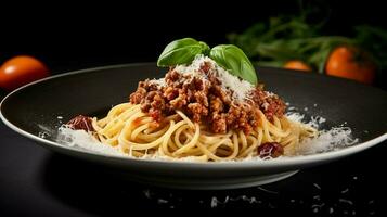 Frais Pâtes avec copieux bolognaise et Parmesan fromage photo