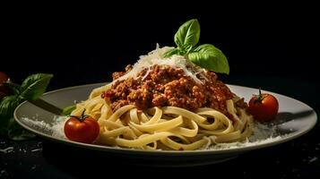 Frais Pâtes avec copieux bolognaise et Parmesan fromage photo