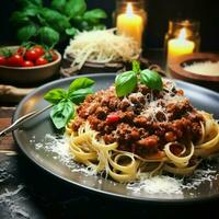 Frais Pâtes avec copieux bolognaise et Parmesan fromage photo