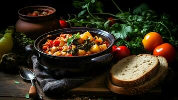 Frais légume Ragoût une en bonne santé le déjeuner sur une rustique table photo