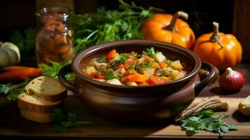 Frais légume Ragoût une en bonne santé le déjeuner sur une rustique table photo