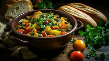 Frais légume Ragoût une en bonne santé le déjeuner sur une rustique table photo