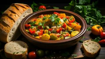 Frais légume Ragoût une en bonne santé le déjeuner sur une rustique table photo