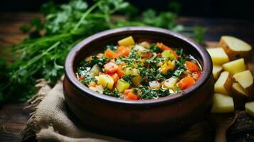 Frais légume Ragoût une en bonne santé le déjeuner sur une rustique table photo