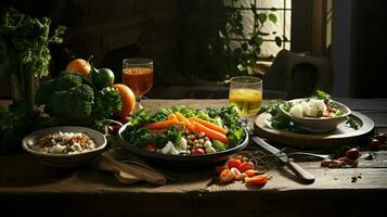 Frais végétarien gourmet repas sur rustique bois table photo