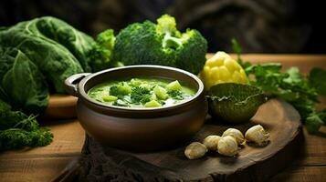 Frais végétarien soupe avec biologique vert des légumes photo