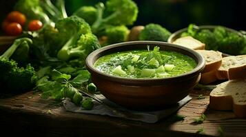 Frais végétarien soupe avec biologique vert des légumes photo