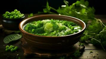 Frais végétarien soupe avec biologique vert des légumes photo