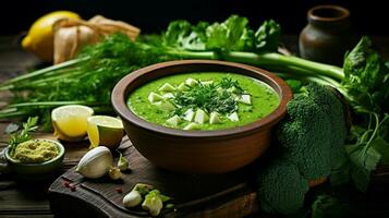 Frais végétarien soupe avec biologique vert des légumes photo