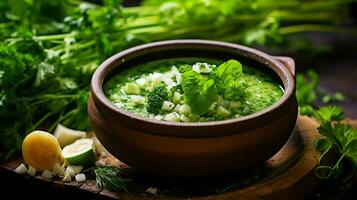 Frais végétarien soupe avec biologique vert des légumes photo