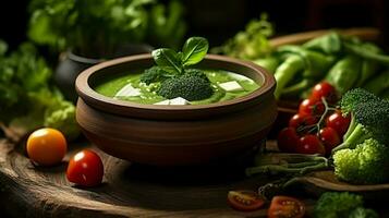 Frais végétarien soupe avec biologique vert des légumes photo