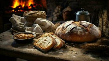 fraîchement cuit pain une gourmet repas sur une rustique en bois table photo