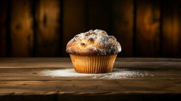 fraîchement cuit gourmet muffin avec sucré glaçage sur rustique photo