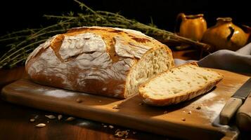 fraîchement cuit fait maison pain sur une en bois assiette prêt photo