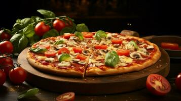 fraîchement cuit Pizza avec mozzarella tomate et légume photo
