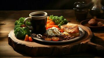 fraîchement cuit repas sur rustique bois assiette chaud café photo