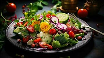 fraîcheur et en bonne santé en mangeant une gourmet végétarien salade photo