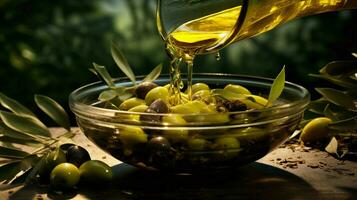 fraîcheur et la nature verser dans le bol de biologique olive photo