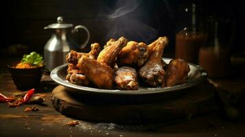 frit poulet ailes sur rustique assiette délicieusement mauvais pour la santé photo