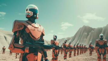 futuriste Hommes explorer galaxie avec armé robot armée photo