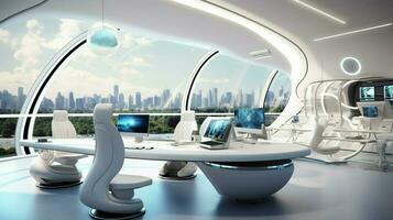 futuriste Bureau conception avec moderne ordinateur équipement photo