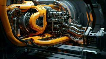 futuriste robotique bras travail sur complexe machinerie photo