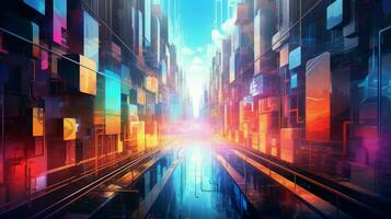 futuriste gratte-ciel illumine ville la vie avec vibrant photo