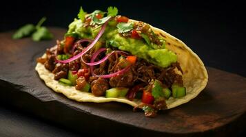 gourmet du boeuf curry taco avec Frais guacamole photo