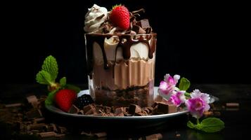 gourmet dessert avec foncé Chocolat Milk-shake photo