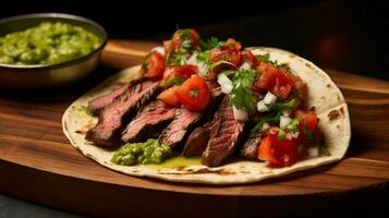 grillé du boeuf taco avec Frais tomate coriandre et guacamole photo