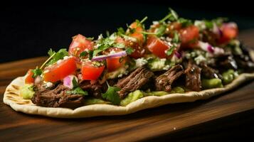 grillé du boeuf taco avec guacamole coriandre et tomate photo