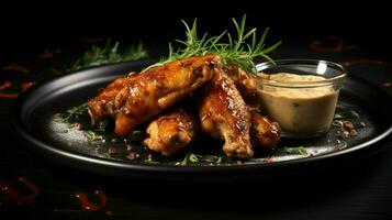 grillé poulet ailes avec sarriette sauce sur noir Contexte photo