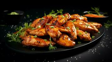 grillé poulet ailes avec sarriette sauce sur noir Contexte photo