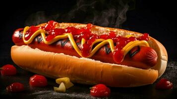 grillé chaud chien sur chignon avec ketchup une classique américain photo