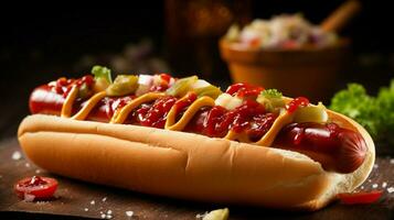 grillé chaud chien sur chignon avec ketchup une classique américain photo