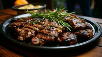 grillé Viande sur une assiette proche en haut prêt à manger juteux photo