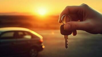 main en portant clé conduite voiture dans le coucher du soleil photo