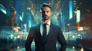 Beau homme d'affaire permanent dans futuriste paysage urbain photo