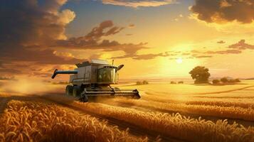 récolte blé dans rural Prairie à le coucher du soleil photo