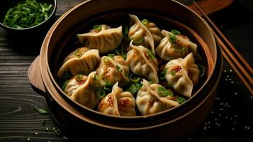 en bonne santé végétarien Dumplings à la vapeur dans une rustique en bois photo