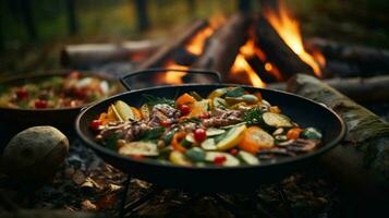 en bonne santé végétarien repas cuit en plein air sur bois flamme photo