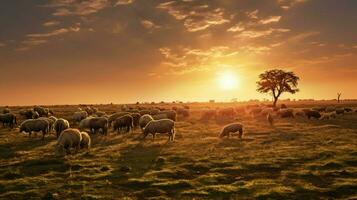 troupeau pâturage sur Prairie rétro-éclairé par le coucher du soleil photo