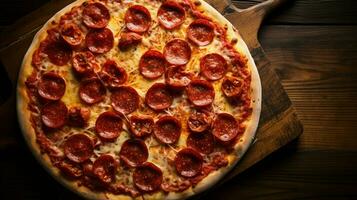 haute angle vue de rustique fait maison pepperoni Pizza cuit photo