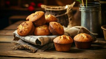 fait maison cuit des biens sur rustique bois table muffin biscuit photo