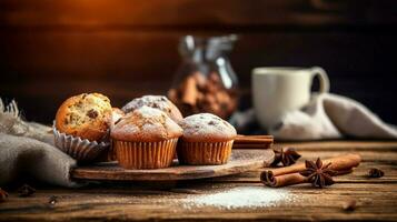 fait maison cuit des biens sur rustique bois table muffin biscuit photo