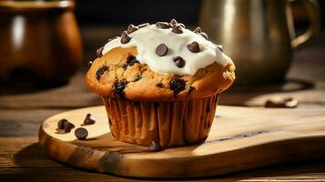 fait maison Chocolat puce muffin avec crémeux glaçage sur en bois table photo