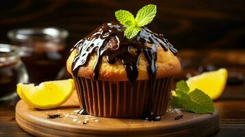 fait maison citron muffin avec Chocolat glaçage sur bois table photo
