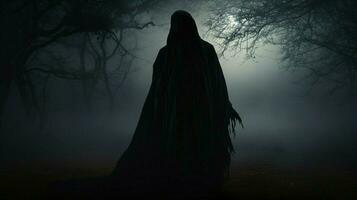 encapuchonné silhouette dans noir effrayant mystère révélé photo