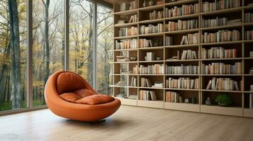 intérieur bibliothèque avec moderne étagère à livres confortable fauteuil photo