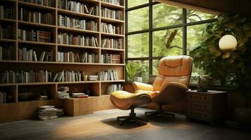 intérieur bibliothèque avec moderne étagère à livres confortable fauteuil photo